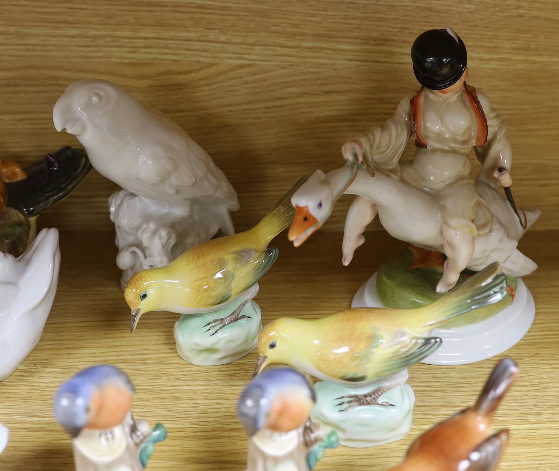 Seventeen Herend porcelain bird figures including boy riding a goose and ducks, some with hand painted decoration, the largest 30cm wide